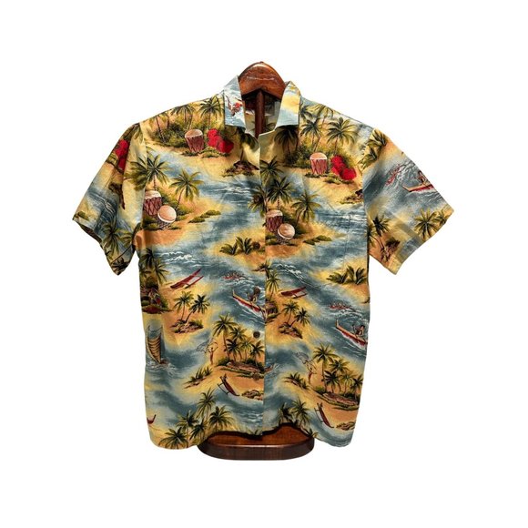 Vtg Hilo Hattie The Hawaii Original Palm Tree Boats Multicolor Hawaiian Shirt XS - Picture 1 of 7